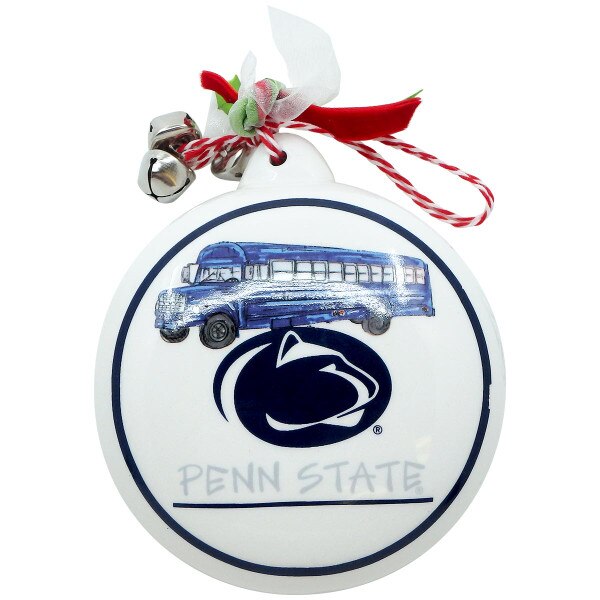 ceramic holiday ornament with navy bus, Penn State Athletic Logo, and Penn State